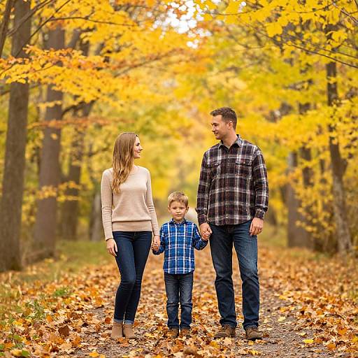 Photograph of a family of three in autumn forest, with golden-yellow leaves, wearing fall clothes; mother in beige sweater, father in plaid shirt