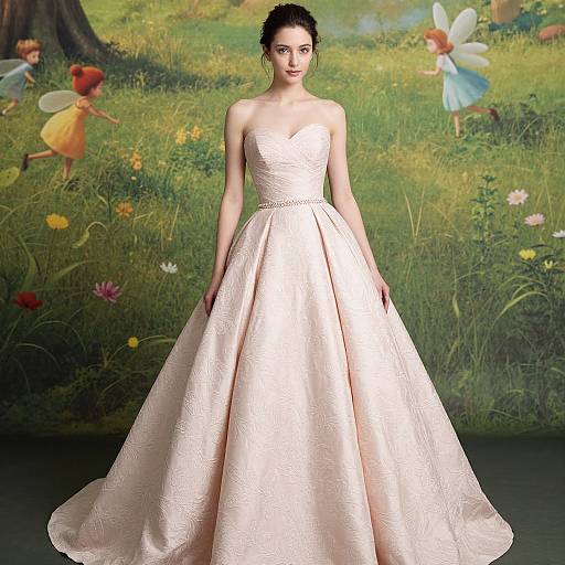 Photograph of a fair-skinned woman with dark hair in an elegant, strapless, pale pink, full-skirted wedding gown, standing in