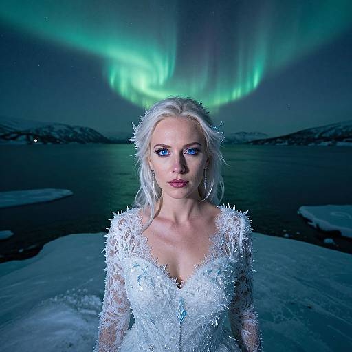 Photograph of a blonde woman with blue eyes, wearing a white, icy-patterned dress, standing in front of a northern lights display over a snowy