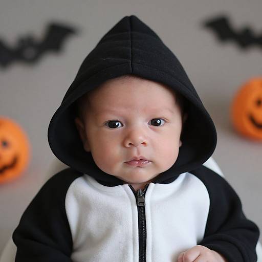 Photograph of a baby with fair skin and black eyes, wearing a black and white hooded jacket, against a blurred background with Halloween decorations, including