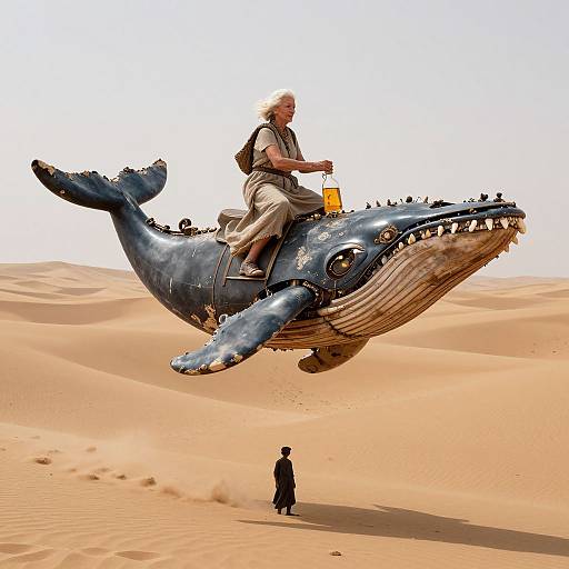 Photograph of an elderly man with white hair riding a blue, whale-shaped flying machine over a sandy desert, with a small black-clad figure standing