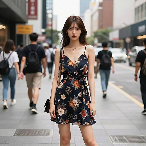 Photograph of an Asian woman with long brown hair in a black floral dress, standing on a busy urban street, surrounded by pedestrians and buildings.
