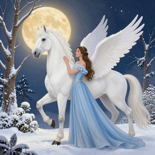 Digital artwork of a winged woman in a blue gown, embracing a white Pegasus under a full moon in a snowy forest.