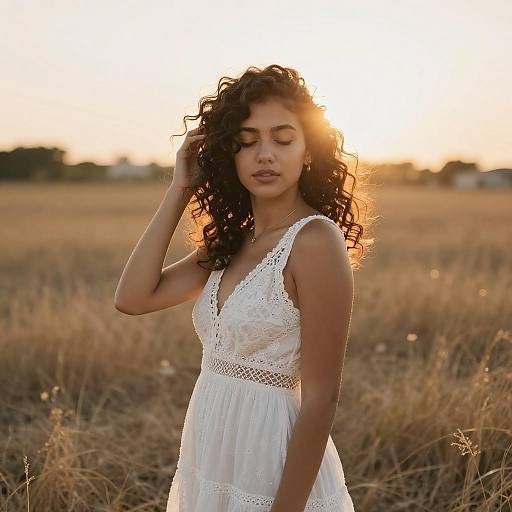 Photograph of a curly-haired woman in a white lace dress standing in a golden sunset field, her eyes closed, touching her hair.
