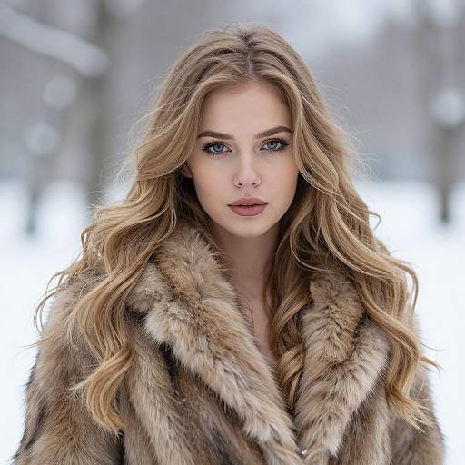 Photograph of a fair-skinned, blue-eyed blonde woman with wavy hair, wearing a brown fur coat, against a blurred snowy background.