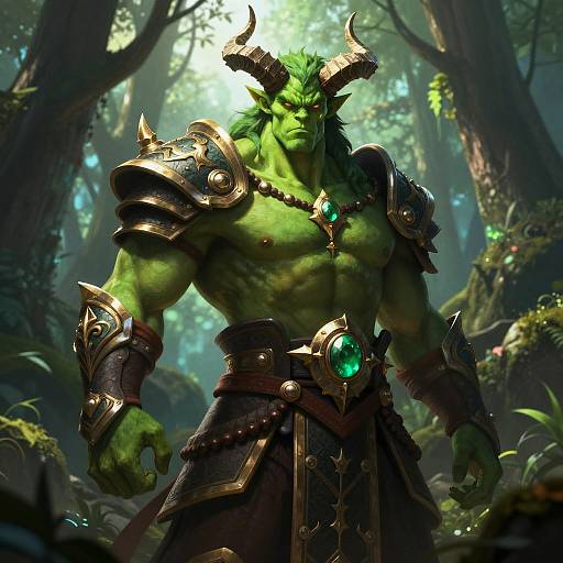 Green Horned Fantasy Warrior in Mystic Forest