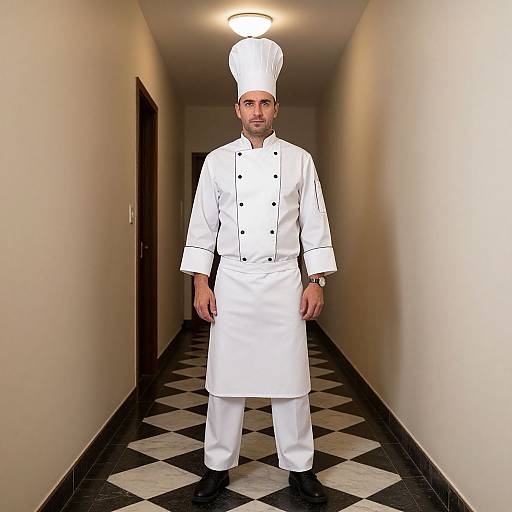 Photograph of a male chef in a white uniform and hat, standing in a long, narrow hallway with black-and-white checkered floor.