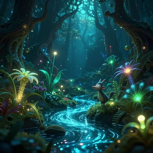 Digital fantasy artwork of a glowing forest at night, featuring a small, fox-like creature beside a bioluminescent river, surrounded by colorful, lum