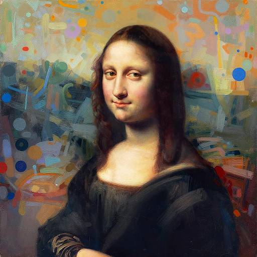 Digital painting of the Mona Lisa with abstract, colorful background featuring blue, orange, and red splashes, blending Renaissance style with modern art.