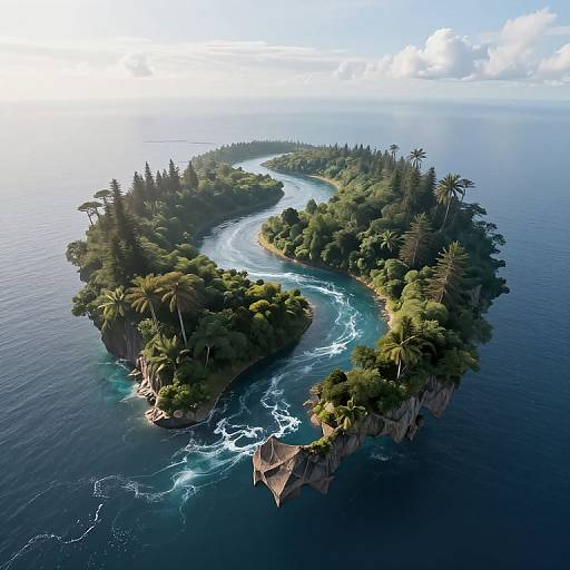 Aerial photograph of a lush, tree-covered island with a winding river, surrounded by deep blue ocean, under a partly cloudy sky.