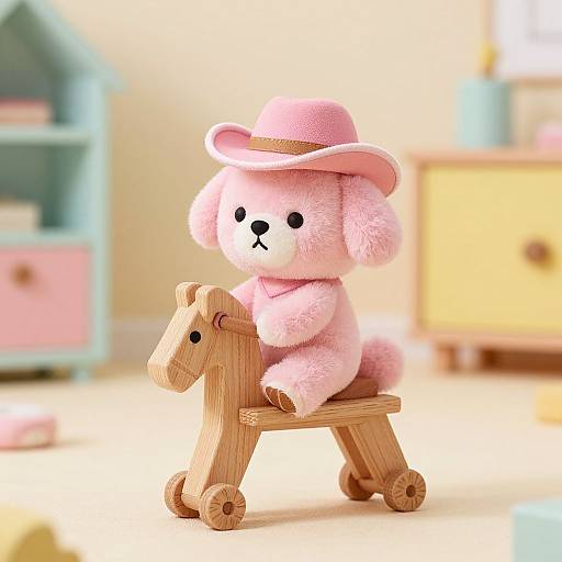 Photograph of a fluffy pink stuffed dog wearing a pink hat, sitting on a wooden rocking horse in a brightly lit, pastel-colored nursery.