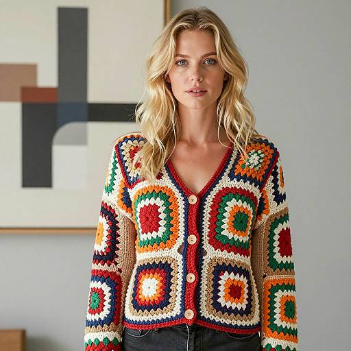 Blonde Woman in Colorful Crocheted Cardigan