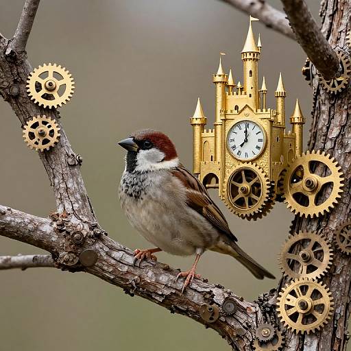 Photograph of a house sparrow perched on a branch with golden clockwork gears and a miniature castle in the background.