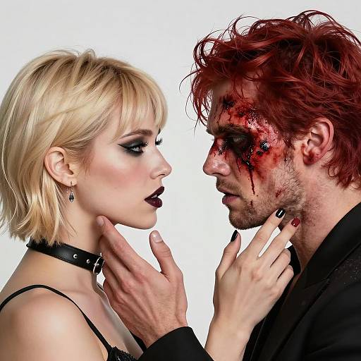 Intense Portrait of Woman and Bloodied Man
