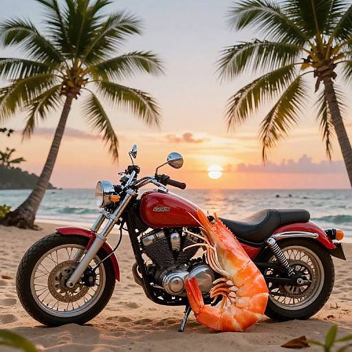 Photograph of a red Honda motorcycle with an orange life ring, parked on a sandy beach at sunset, with palm trees and a vibrant, colorful sky
