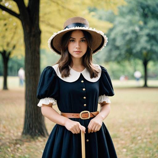 Young Woman Wearing Vintage Dress and Straw Hat Outdoors