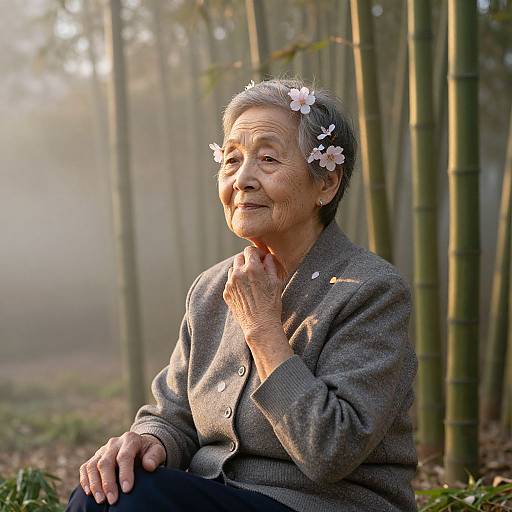 Photograph of an elderly Asian woman with short gray hair, wearing a gray blazer, adorned with pink cherry blossoms, sitting in a bamboo forest