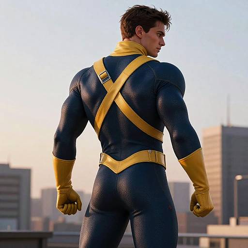 Photograph of a muscular man in a blue, form-fitting superhero suit with yellow straps, gloves, and belt, standing on rooftop with cityscape