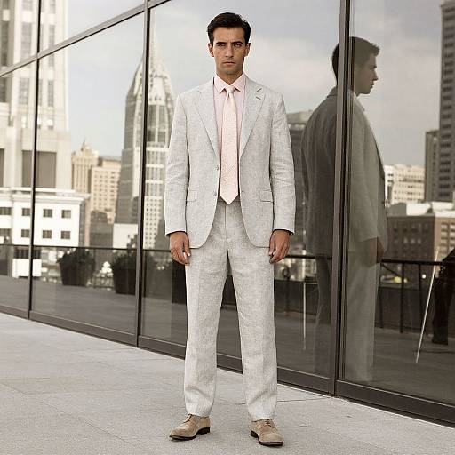 Photograph of a handsome man with short black hair, wearing a white checkered suit, pink tie, and beige shoes, standing in front of a