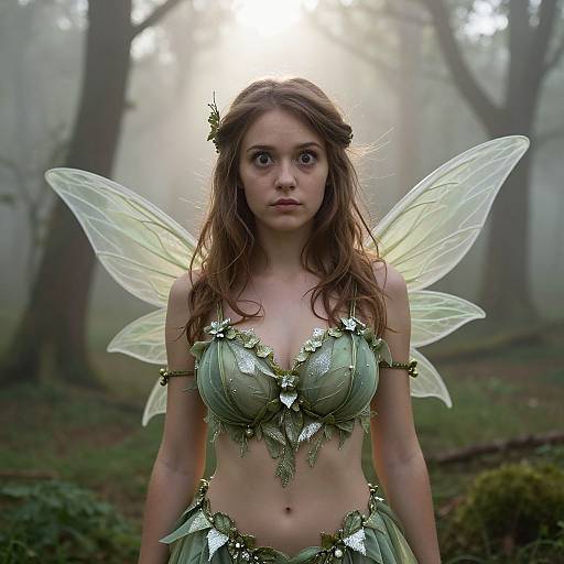 Photograph of a young woman with green fairy wings and leafy, green, metallic bikini in a misty forest, sunlight filtering through trees behind her