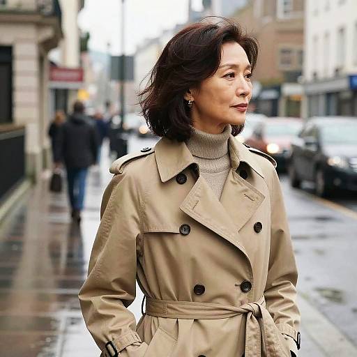 Photograph of an Asian woman with short black hair, wearing a beige trench coat and gray turtleneck, walking on a rainy urban street, blurred