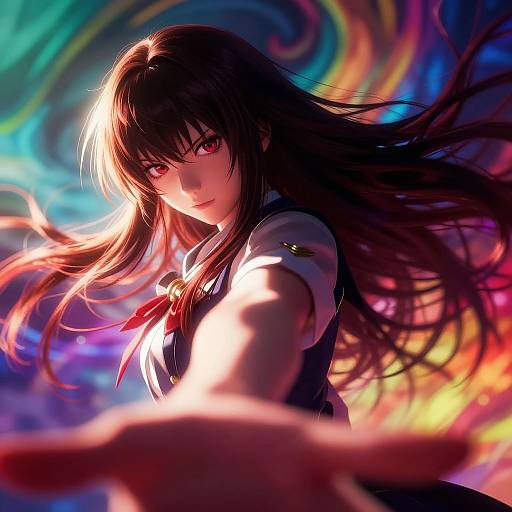 Digital anime artwork of a fierce, long-haired girl with red eyes and dark hair, extending her hand forward against a vibrant, swirling rainbow background.