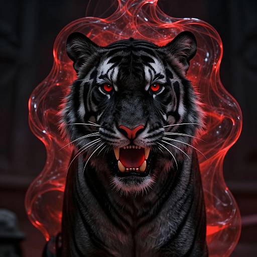 Digital artwork of a fierce black tiger with glowing red eyes and open mouth, surrounded by swirling red flames, against a dark background.