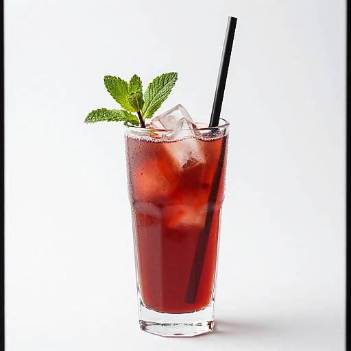 Photograph of a tall glass of red iced drink with ice cubes, a black straw, and a sprig of fresh mint, set against a