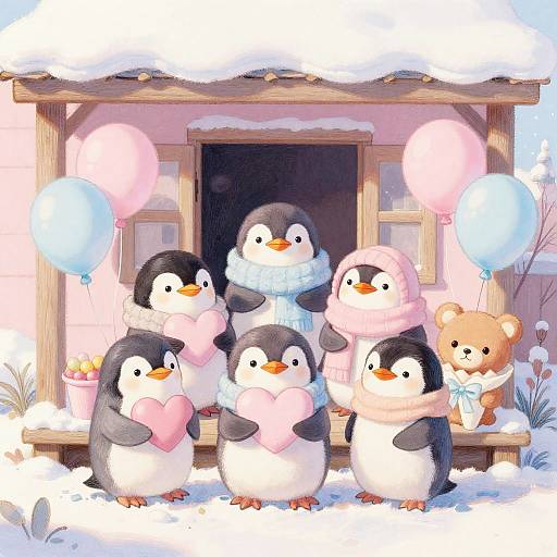 Pastel Baby Penguins on Cozy Porch