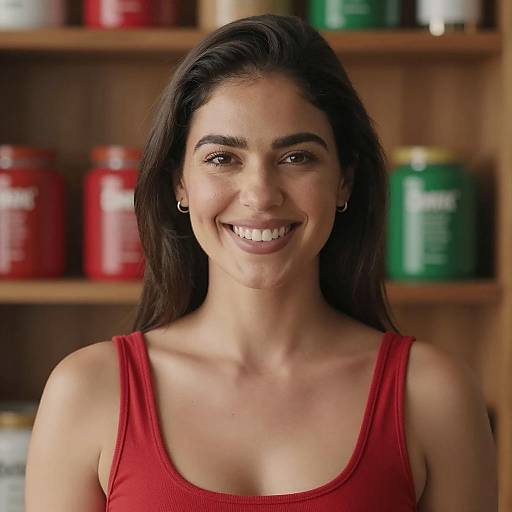 Smiling Woman in Stylish Red Top