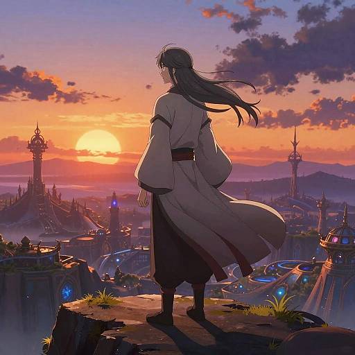 Anime-style digital artwork of a long-haired, robed figure standing on a cliff, watching a vibrant sunset over a fantastical, cityscape.