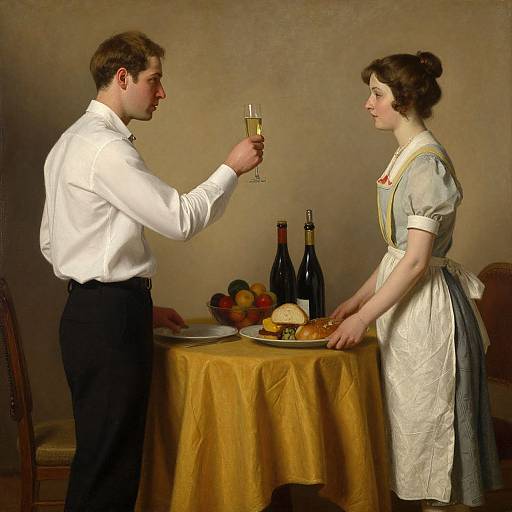 Digital painting of 19th-century man in white shirt toasting 19th-century woman in maid's dress at table with fruit, bread, and