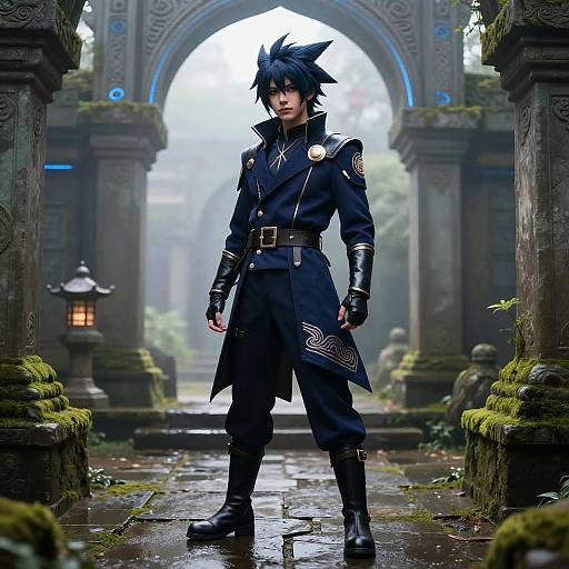 Digital artwork of a spiked-haired, androgynous anime character in a black, ornate coat, standing confidently in a mossy, ancient stone