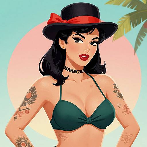 Digital illustration of a tattooed woman with black hair, red lipstick, black hat with red bow, green bikini top, and choker, standing against