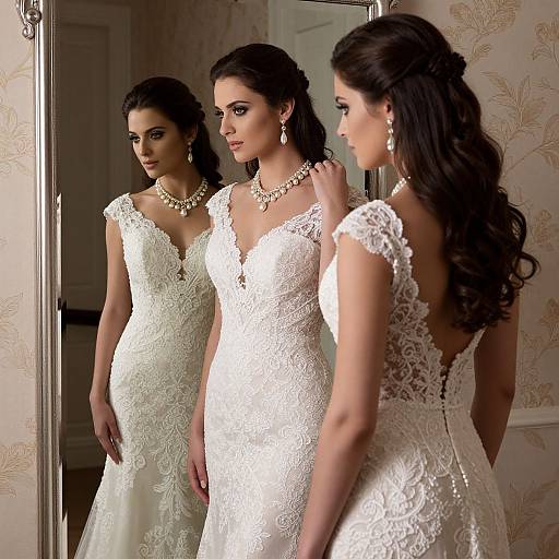 Photograph of a brunette woman with long wavy hair, wearing an elegant white lace wedding dress, pearl necklace, and earrings, standing in front of