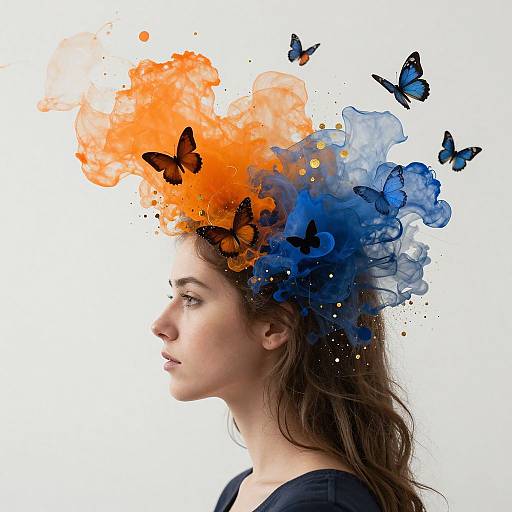 Photograph of a Caucasian woman in profile with vibrant orange and blue ink cloud bursting from her head, surrounded by black and blue butterflies on a white background