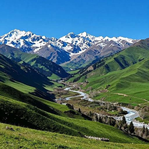 Photograph of a vibrant mountain landscape with snow-capped peaks, green rolling hills, a winding river, and clear blue sky.