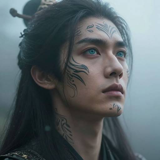 Photorealistic close-up of an Asian woman with blue eyes, long black hair, and intricate black tribal tattoos on her face, looking intently to