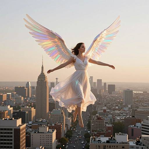 Photograph of a woman with ethereal, rainbow-tinged wings, wearing a flowing white dress, floating above a sunlit cityscape.