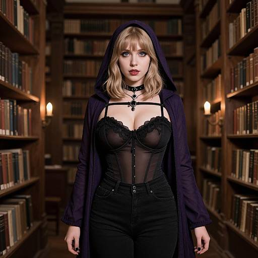 Photorealistic digital artwork of a blonde woman in a black sheer corset, hooded cloak, and choker, standing in a dimly lit