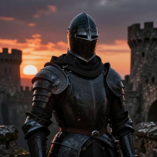 Photograph of a medieval knight in black, detailed armor with a reflective visor, standing against a vivid orange sunset and castle ruins.