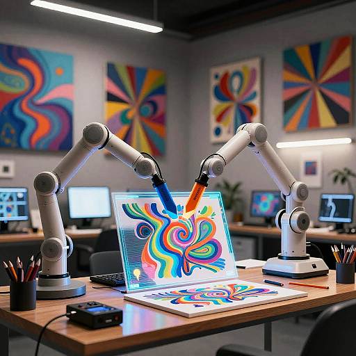 Photograph of a modern art studio with two white robotic arms creating vibrant, abstract digital art on a laptop and paper. Background features colorful, psychedelic paintings