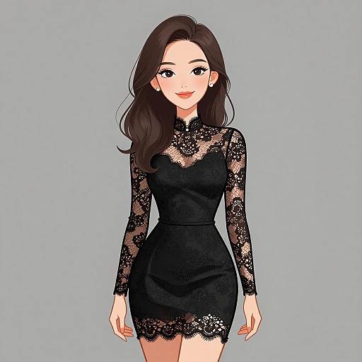 Glamorous Woman in Black Lace Dress