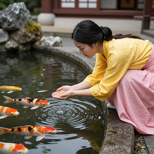 Asian woman in yellow blouse and pink skirt feeds colorful koi fish in traditional Japanese garden pond, ripples spread.