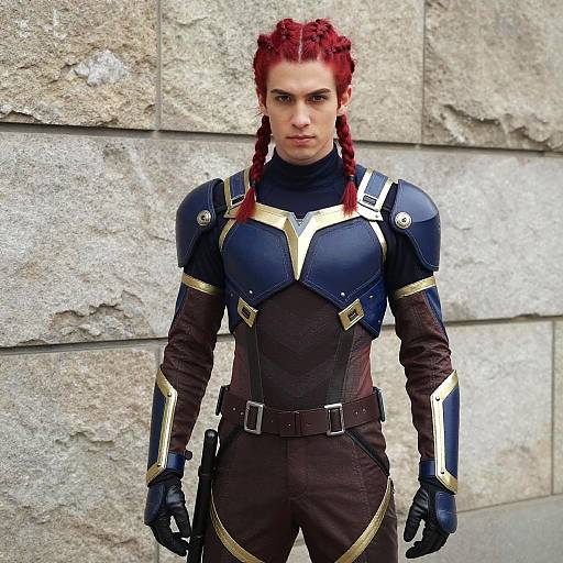 Photograph of a muscular man with red braided hair, wearing a dark blue and gold armored suit, standing against a stone wall.