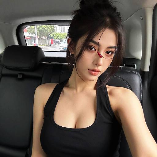 Photograph of an Asian woman with black hair in a messy bun, wearing red-rimmed glasses and a black tank top, sitting in a car