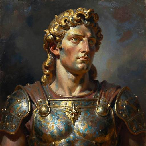 Digital painting of a muscular, classical-style male warrior with golden curly hair, wearing shiny bronze armor with a detailed chest plate. Dark, moody background