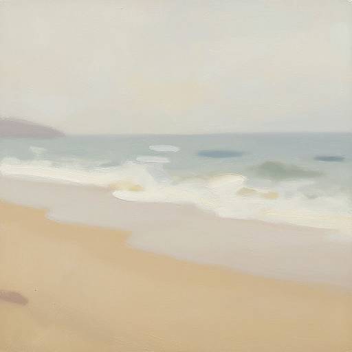 Blurry photograph of a beach with soft, golden sand and gentle, white-tipped waves meeting the light blue ocean under a bright, overexposed