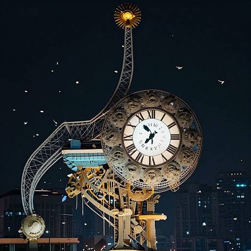 Photograph of a large, illuminated clock with a sunburst top, intricate metallic frame, and glowing numbers against a dark night skyline.