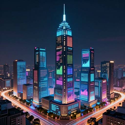 Photograph of a neon-lit city skyline at night, featuring a tall skyscraper with vibrant blue, pink, and green lights, surrounded by illuminated